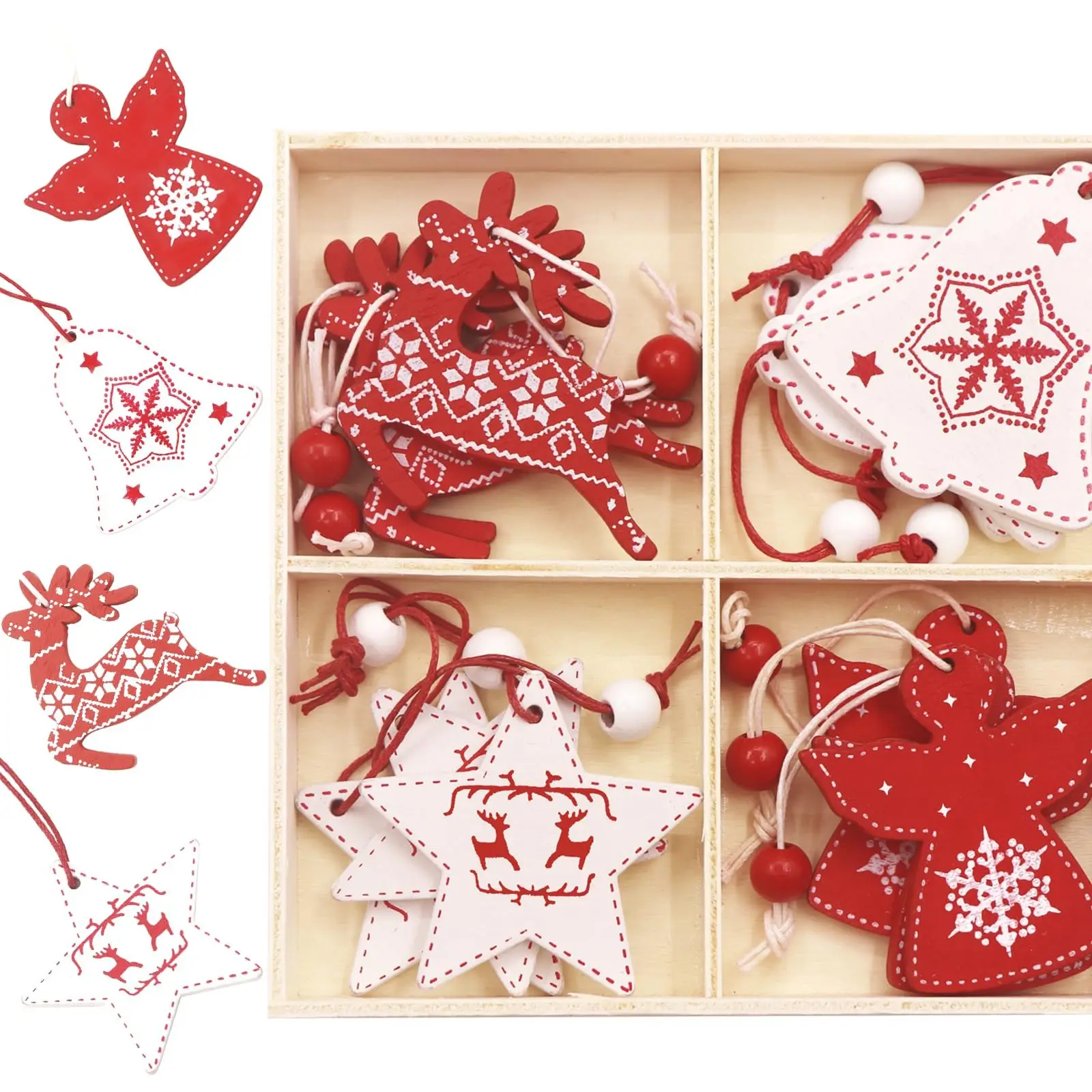 12 Pack Wooden Christmas Ornaments Set - Elk Snowflake Star Tree Pendants for Xmas Decor | Farmhouse Holiday DIY Craft Gift