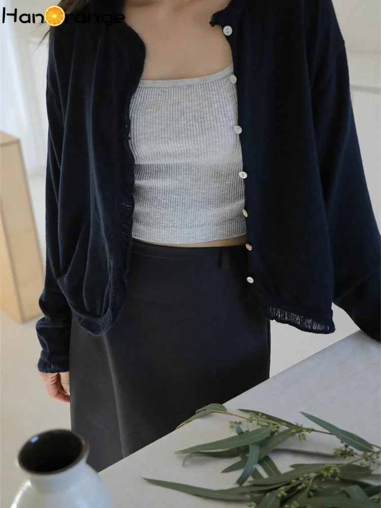 

HanOrange 2025 Hook Edge Single Breasted Knitted Cardigan Women High-end Retro Long Sleeve Top Navy Blue