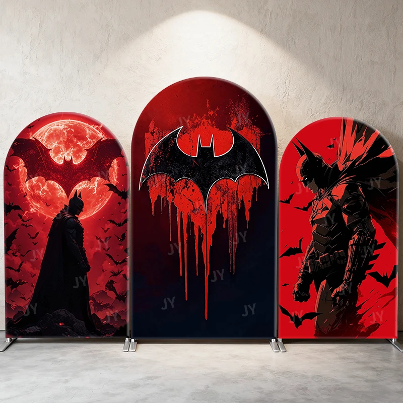 Fondo de arco temático de Batman con luna de sangre escarlata, cubierta con símbolo de murciélago goteando, fondo de dibujos animados para cumpleaños de niños y baby shower