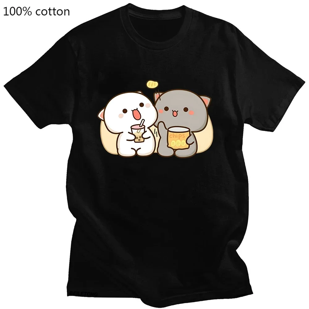 100% Cotton T-shirt Kawaii Mochi Peach Cat Clothing Bubble Tea Graphic Tshirts Casual Summer Tees Camisetas De Muje Short Sleeve