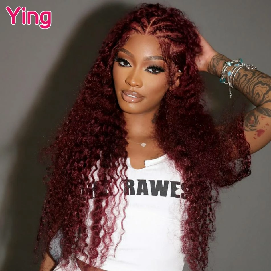 

Dark Burgundy Colored 200% Water Wave 13x6 Transparent Lace Front Wigs 12A 5x5 Closure Wigs Human Hair PrePlucked With Baby Hair