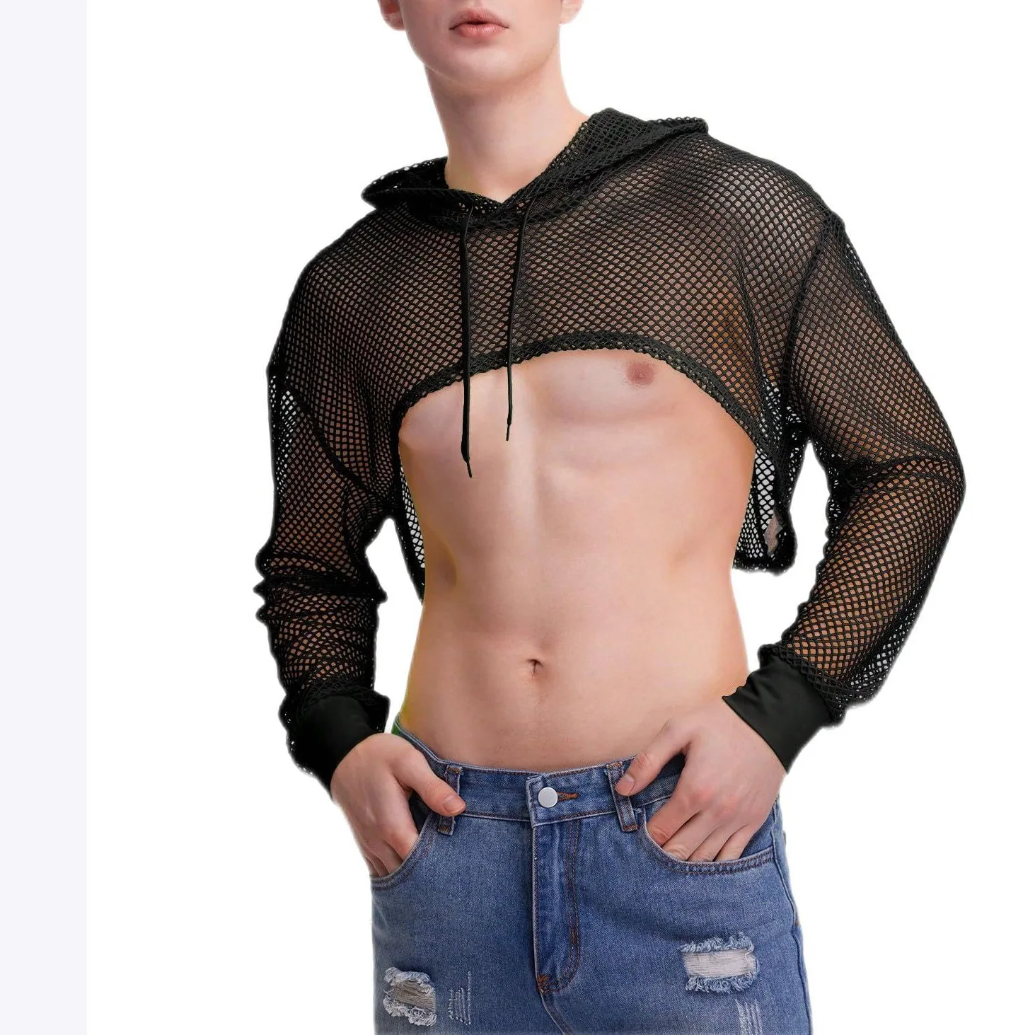 Men's Slightly Transparent Sexy Hollow Top Men's Niche Design Sense Hooded Long-sleeved Short Fashion T-shirt Men's Clothing