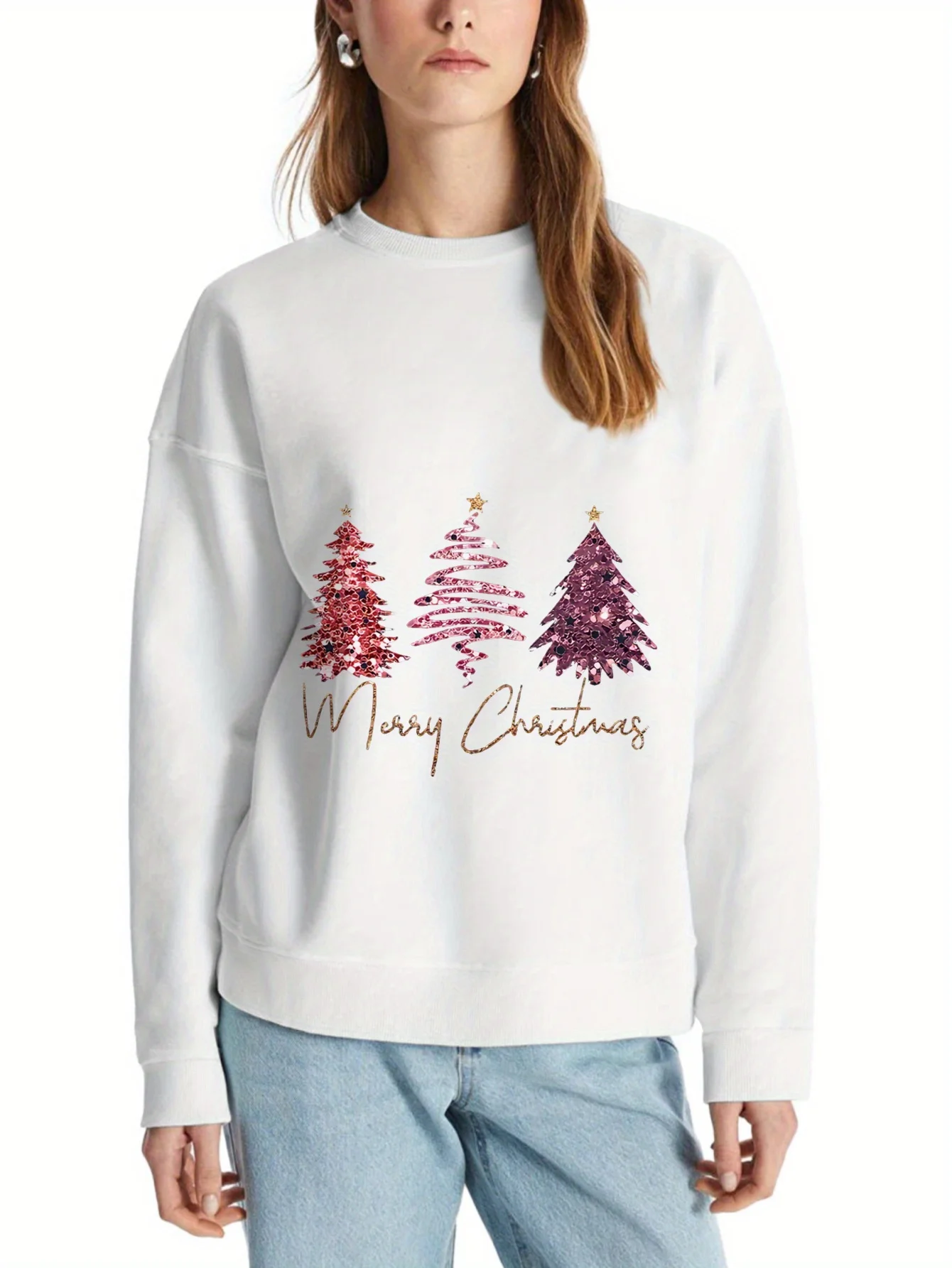 Damen-Kapuzenpullover mit funkelndem Weihnachtsbaum-Print, Polyester-Mischung, Rundhalspullover in Rosa und Gold mit Schneeflocken-Design