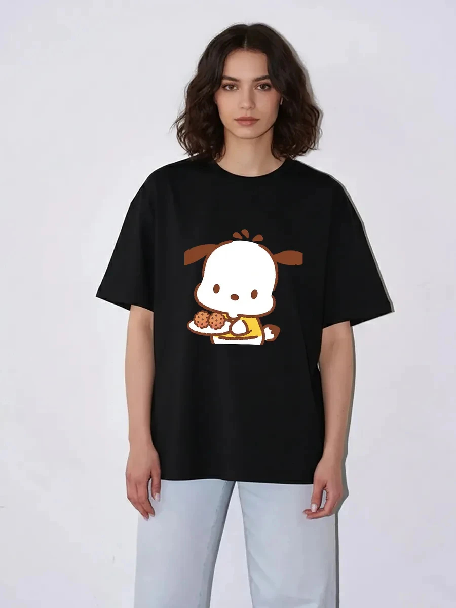 Sanrio Pochacco Women Short Sleeve T Shirt Puppy Holding Biscuits Cartoon Graphic Tee Kawaii Girls Summer Casual Oversized Tops