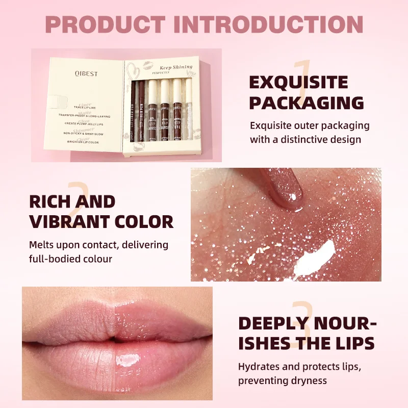 6色リップセット、カップに付かないリップグロス、リップライナー、自然な立体感のある保湿リップグロスセット。