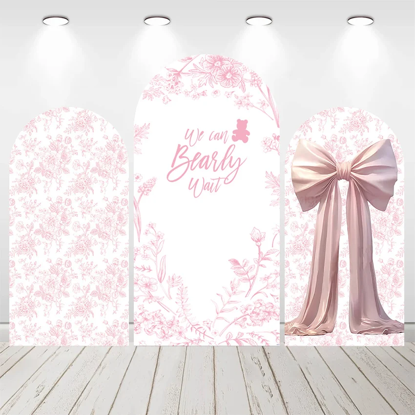 Mehofond Custom 2-Sided Pink Flower Pattern Bow We Can Bearly Wait Baby Shower Party Cover Chiara Arch Background Decor Backdrop