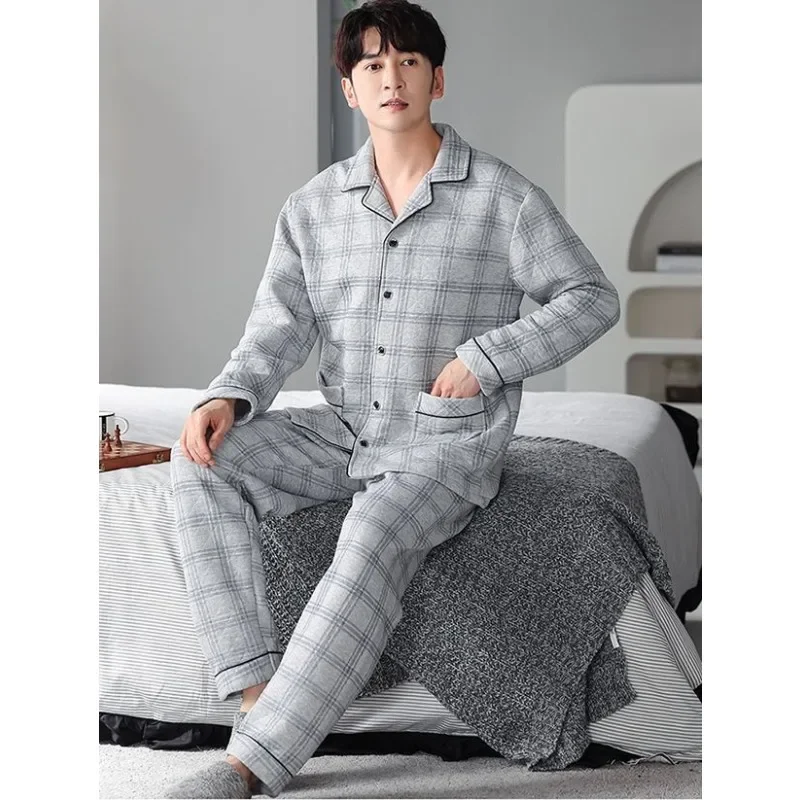 

2024 New Pajama Men Autumn Winter Cotton Padded Sandwich Long-sleeved Loungewear Air Cotton Warm Homewear Suit V-neck Sleepwear