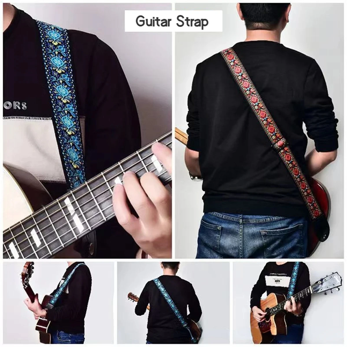10Pcs Embroidered Print Guitar Strap Vintage Ethnic Style Adjustable Guitars Strap Includes 5 Guitar Picks and 1 Hold