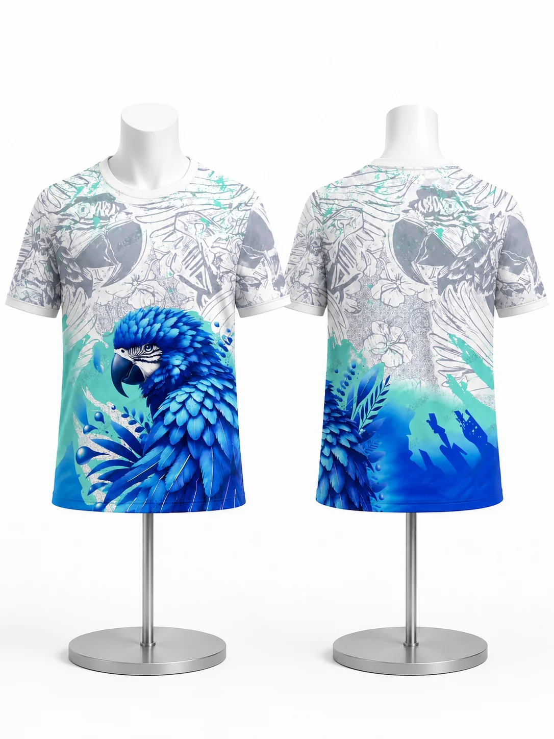 Vibrant Blue Macaw Parrot All Over Print Football Jersey Tropical Jungle Floral Bird Graphic Casual Street Short Sleeve Tee