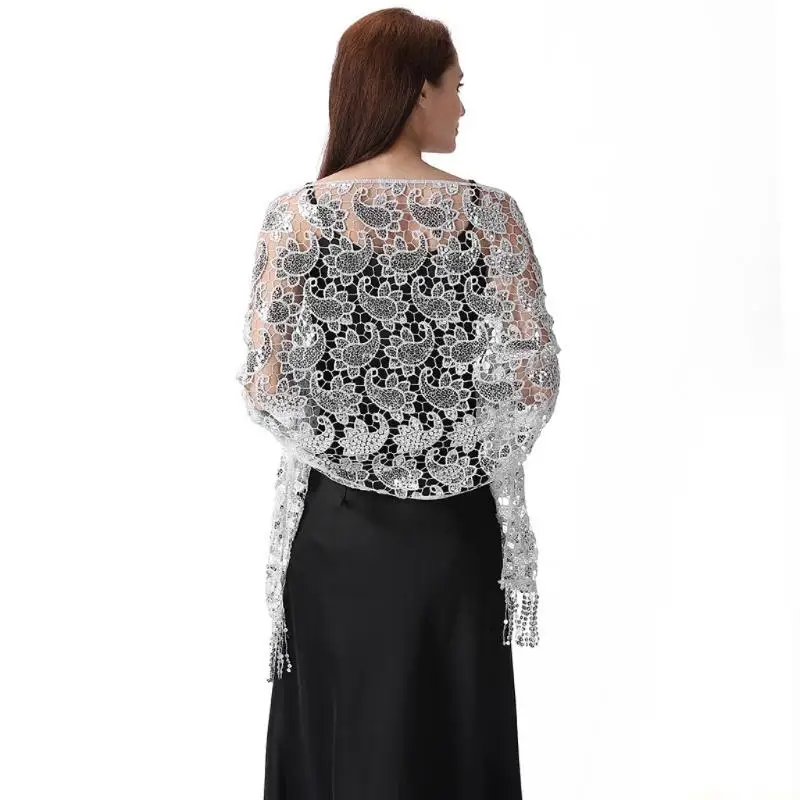 31BF Women Paisleys Sequined Fringe Shawl For Wedding Banquet Wearable Art Scarf With Wrinkles Resistant Fabrics Polyester Weave