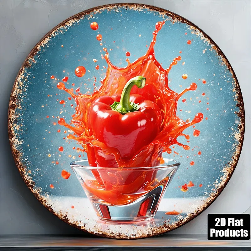 2D Flat, 1pc 8x8in/20x20cm 2D Flat Round Aluminum Sign, Vintage Aluminum Plaque Featuring Fresh Chili Peppers Splattering, Red C