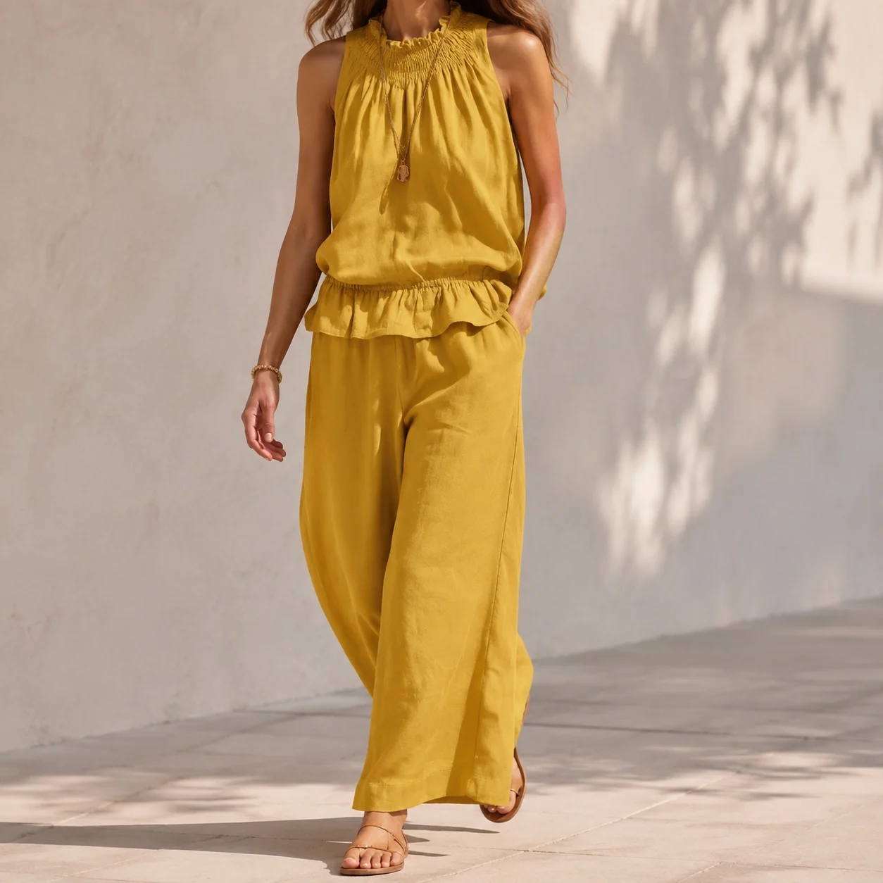 Casual Sleeveless Set Full Length Fresh and Sweet with Long Pants Women Sets Spring Summer Autumn T Shirt Top Pleated Pants