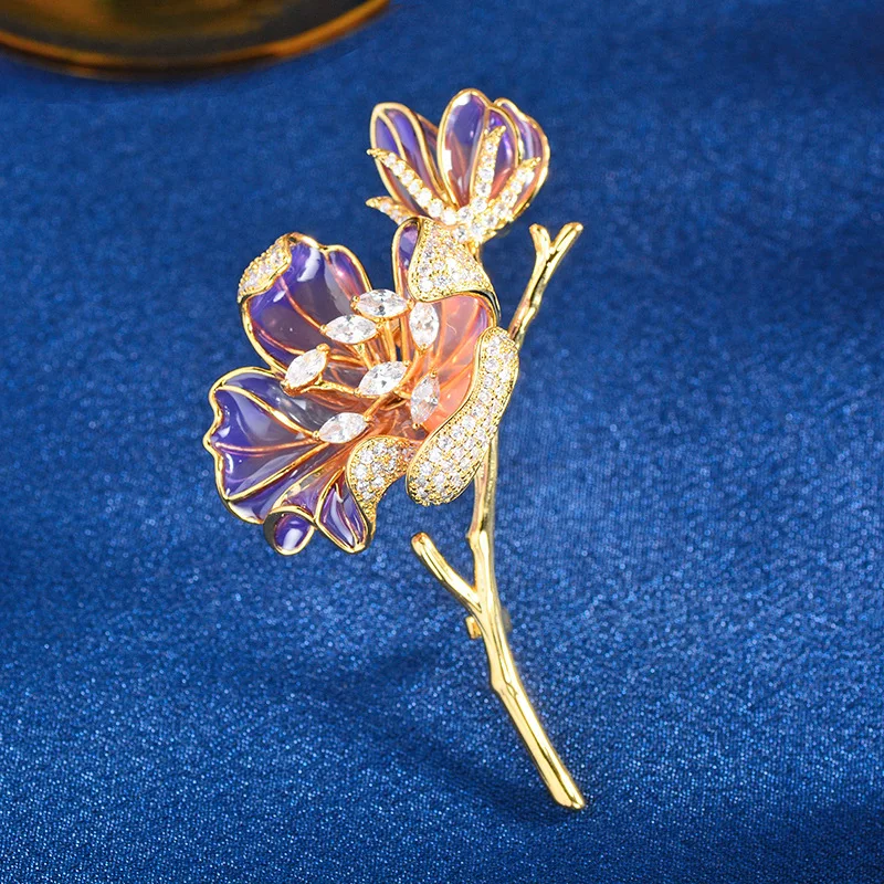 Chinese Style Elegant Purple Flower Branch Brooch Translucent Enamel Micro Paved Zircon Lucky Auspicious Pin For Coats Dresses