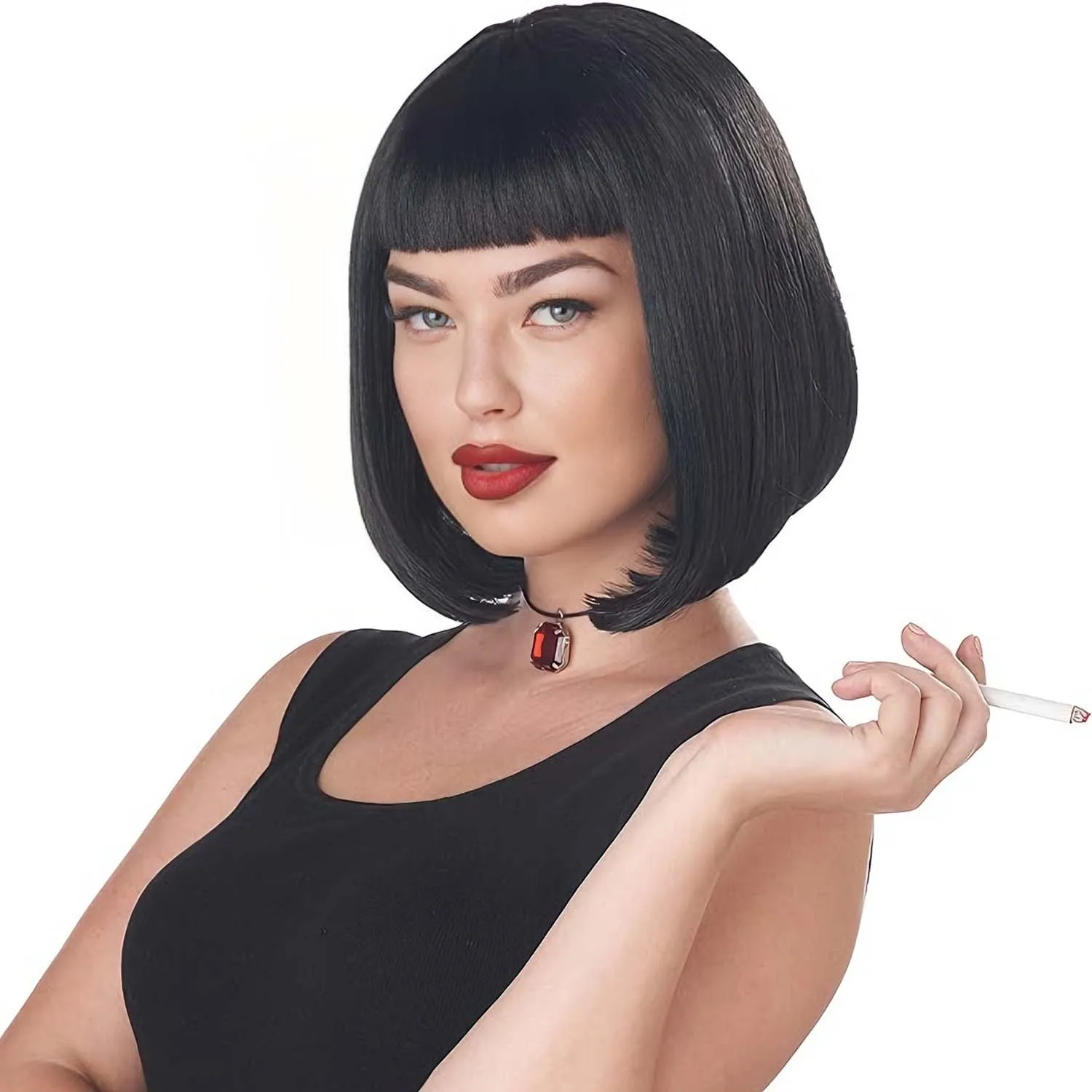 

Synthetic Black Bob Wigs for Women Costume Heat Resistant Wig with Bangs for Halloween Cosplay Party, Mia Wallace Cleopatra Wig