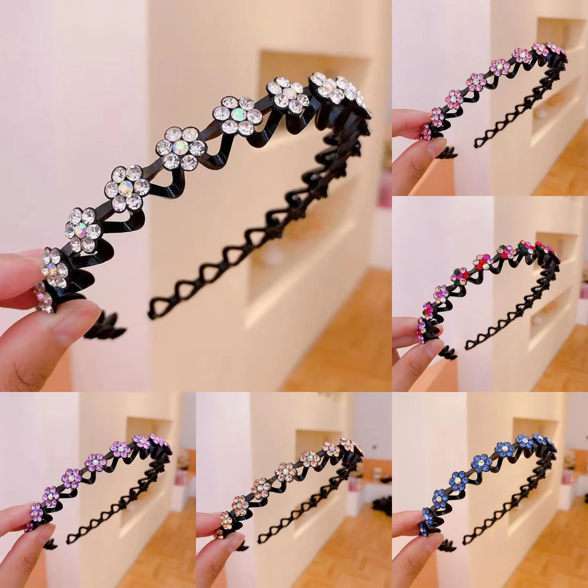 

Non-slip Rhinestone Flower Headband Solid Wave Hairband for Women Girls Bezel Fashion Hair Hoop Ladies Boutique Hair Accessories