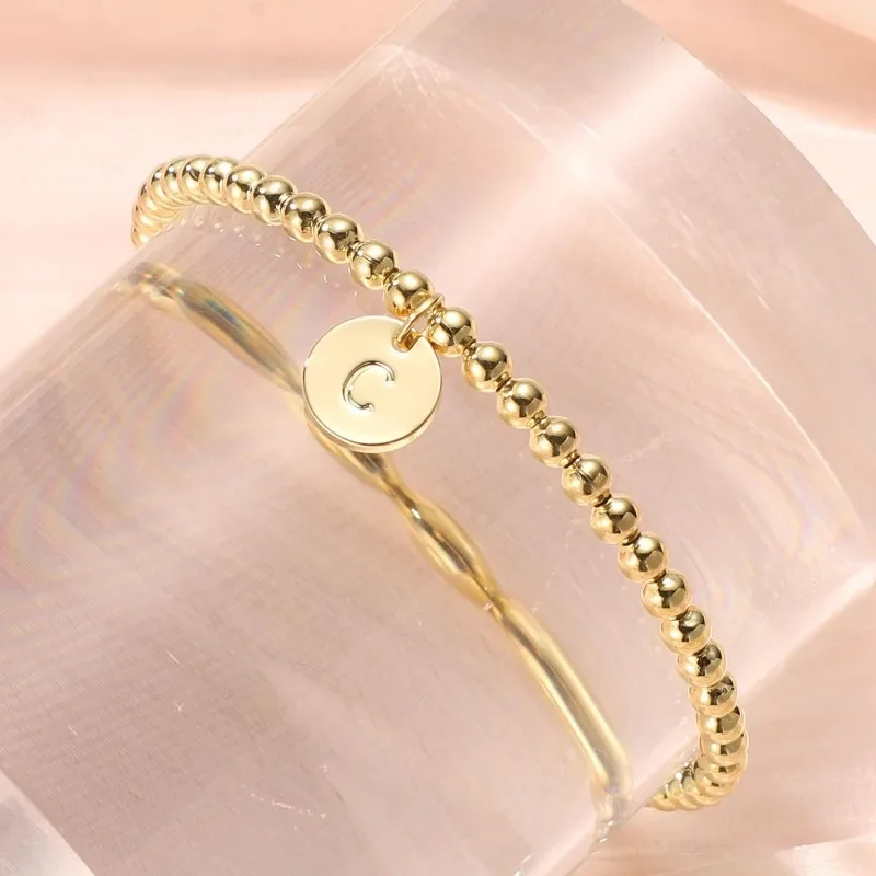 Pulsera inicial para mujer, delicada pulsera de oro, bonita pulsera de disco con dije de letra A-Z, joyería personalizada Simple a la moda