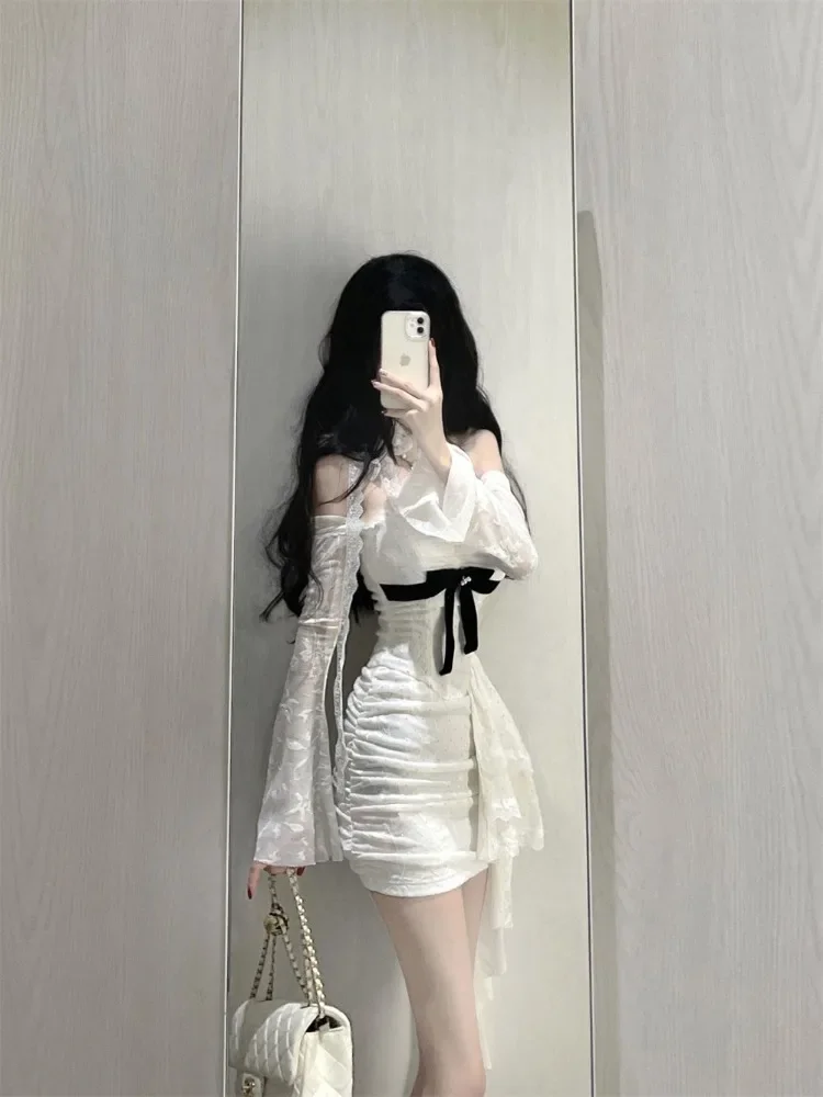 แฟชั่นหวานปิดไหล่ลูกไม้เสื้อแขนยาวMujerฤดูร้อนใหม่Vestidos De Mujer Y2k SlimเอวBodyconชุดผู้หญิง