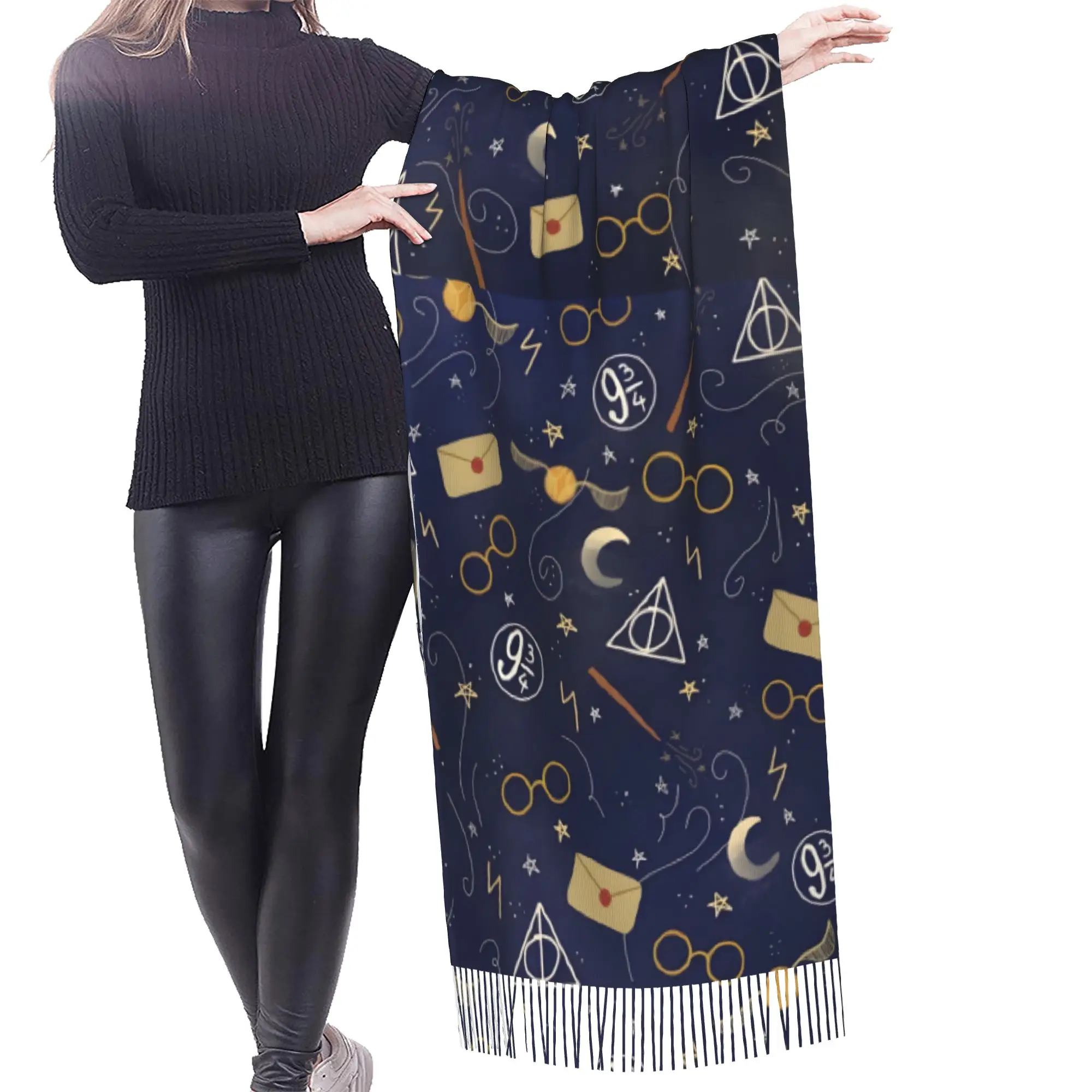 Custom Female Long Halloween H-Harryed Scarves Women Winter Fall Thick Warm Tassel Shawl Wraps Magic School Spooky Scarf