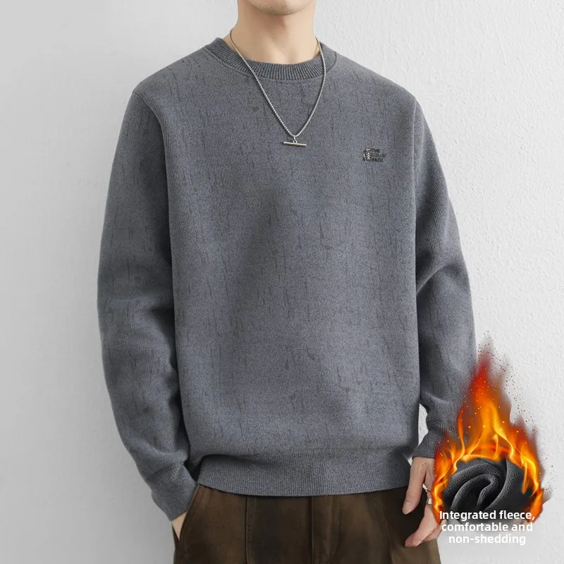 

Мужской утепленный вязаный свитер с круглым вырезом, пуловер, теплый зимний базовый слой, удобный, дышащий, из смесового полиэстера