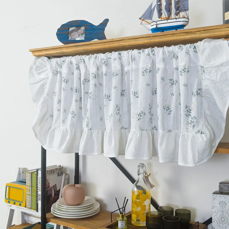 Window Valance Small Floral Jacquard Kitchen Short Curtain with Ruffle White Linen Farmhouse Postal Style Rod Pocket Rustic
