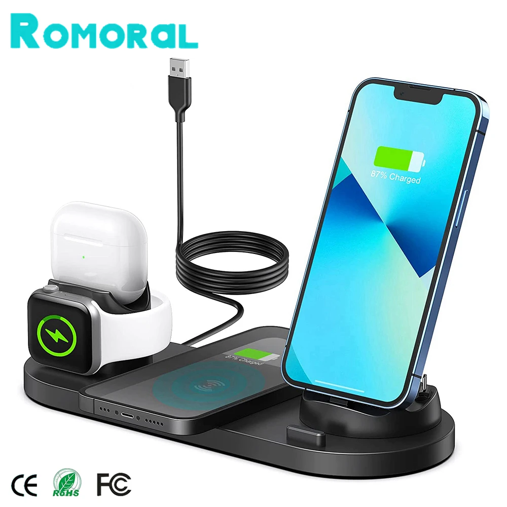 Estación de carga inalámbrica 6 en 1, soporte de carga rápida Qi de 15W para iPhone 14, 13, 12, 11, Apple Watch 8, 7, 6, 5, Airpods 2, Samsung, novedad de 2022