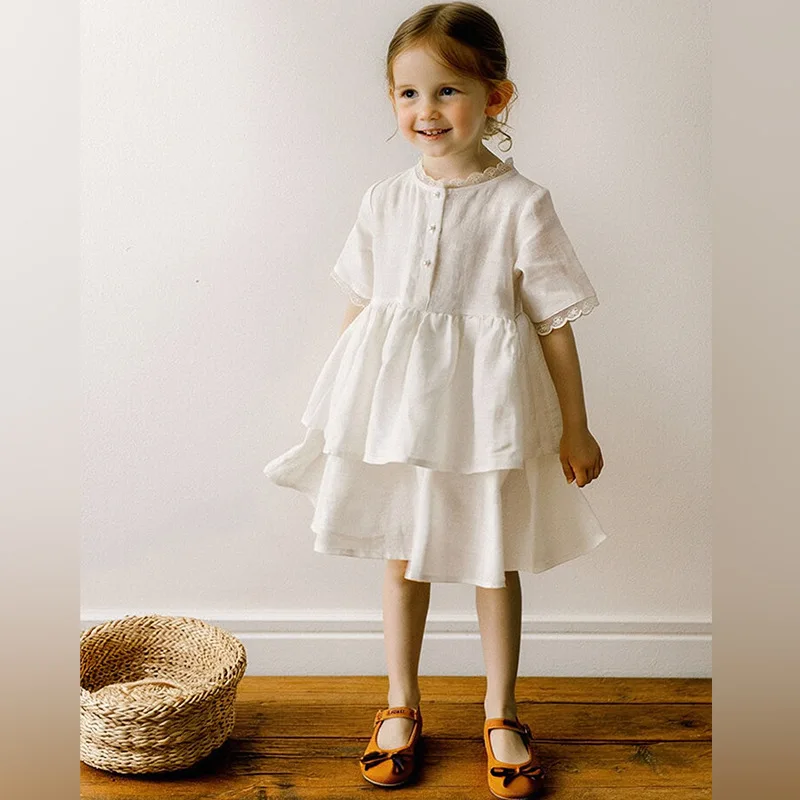 

2026 Spring Summer Girls Nordic Style Cotton Linen Dress, Cute Lace Short Sleeve Patchwork Double Layer Dress for 90-110cm