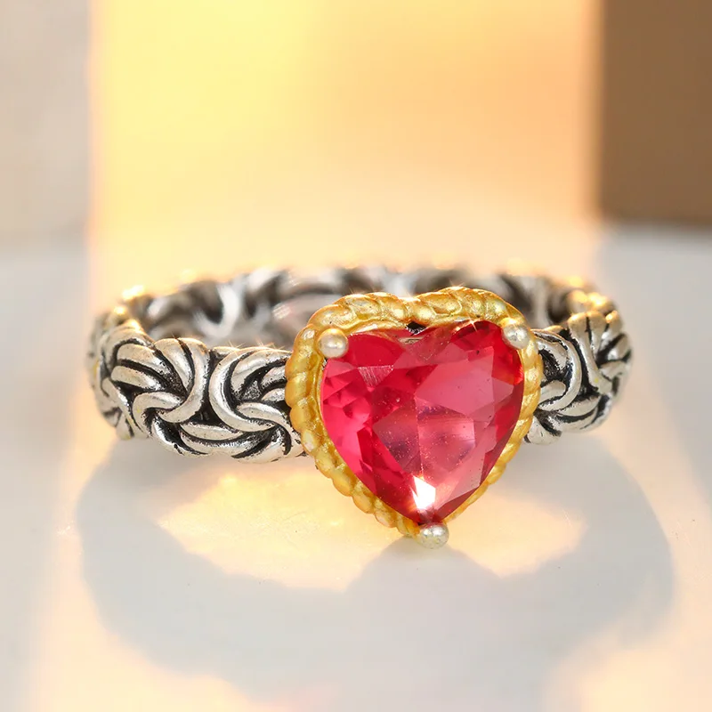 Vintage Inlaid Red CZ Entwine Heart Women's Ring Trendy Two Color Hand Carving Daily Wear Party Jewelry Anniversary Gift