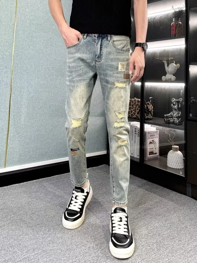 Retro Vintage Men's Denim Jeans Early Autumn Lightweight Luxury High Waist Stretchy Casual Wear Resistant High Rise Slim Fit