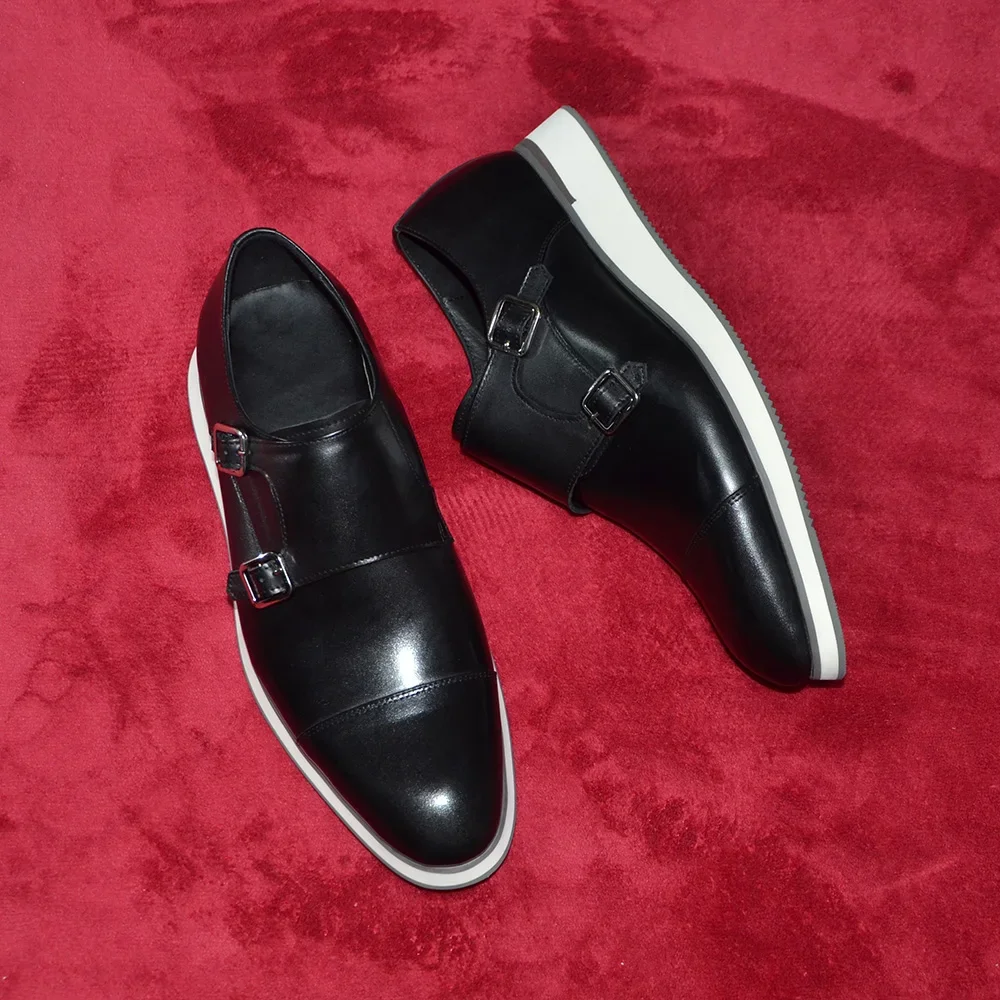 2025 Luxury Designer Classic Men\'s Black Double Buckle Monk Shoes Real Leather Casual Hasp Man Sneakers Daily Business Footwear