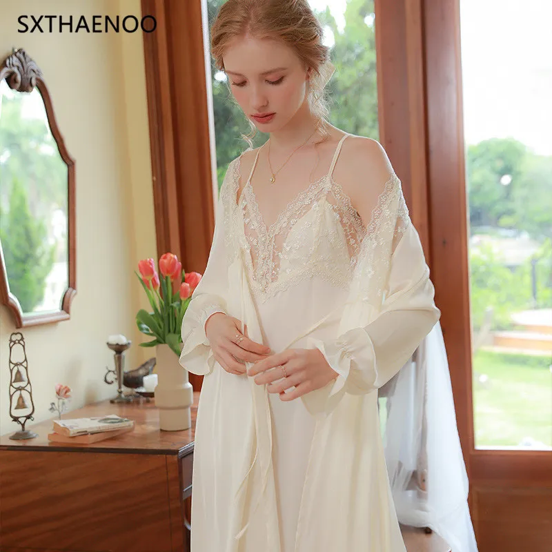 SXTHAENOO Sleepwear Frech 2 Pieces Sexy  Lace Robes Women Spring Autumn Lingerie Robes Romantic Evening Gowns for Women