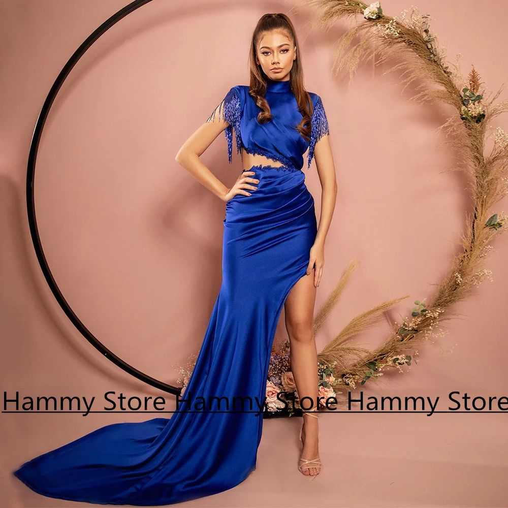 

Royal Blue Mermaid Evening Dress High Neck Beading Satin Prom Gown Long Train Vestidos De Fiesta De Noche Pageant Dresses