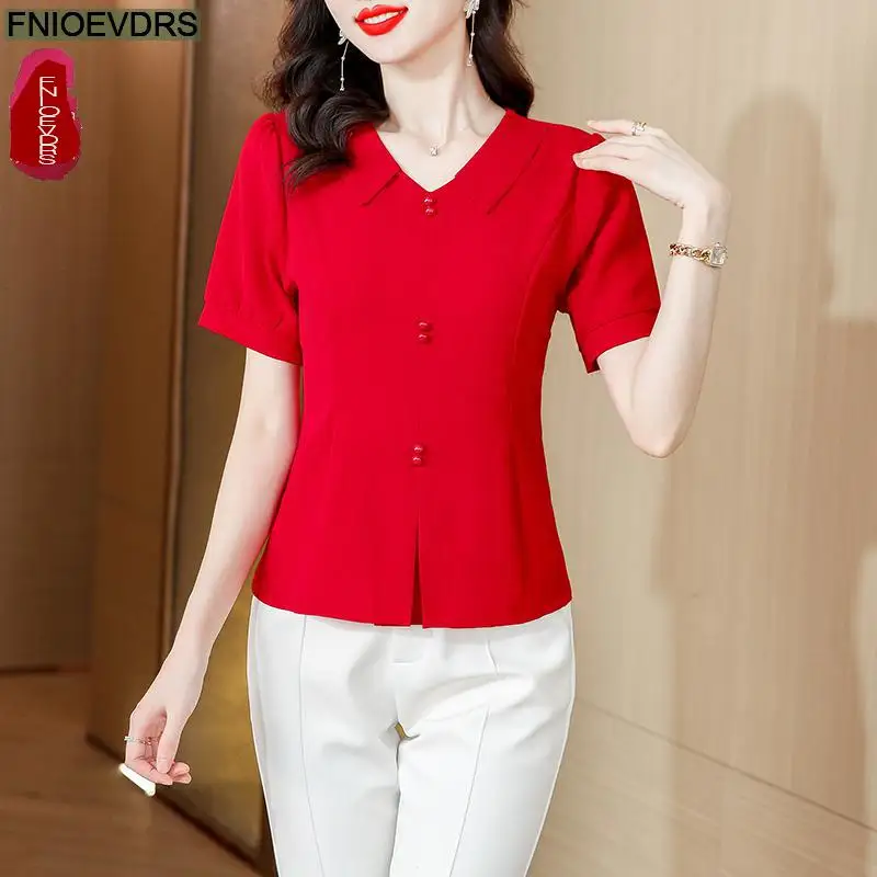 M-5XL 2024 Summer Cute Peplum Tops Women Basic Wear Office Lady Work Pink Green Red Elegant Button Shirts Blouses