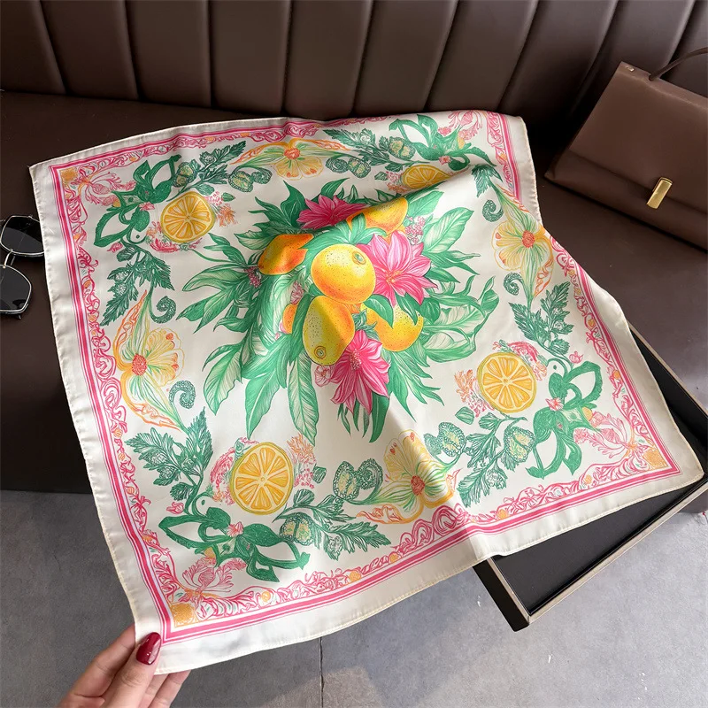 Quadratischer Seidenschal mit Zitronenmuster für Damen, luxuriöses, weiches Satin-Halstuch, dünner Halstuch, modischer Sonnenschutz-Kopftuch für Damen, Taschenband – Detail 11