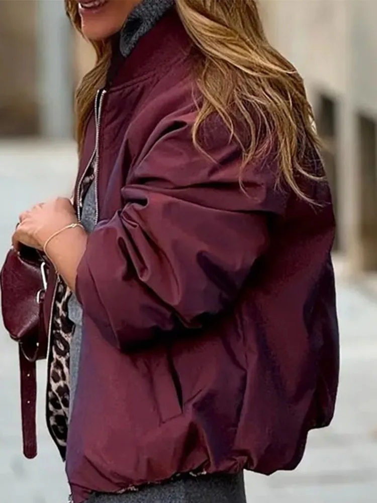 

Elegant O-neck Zip Loose Short Jacket 2025 Casual Long Sleeve Pocket Baseball Coats Fashion Thick Double Sided Print Outercoats