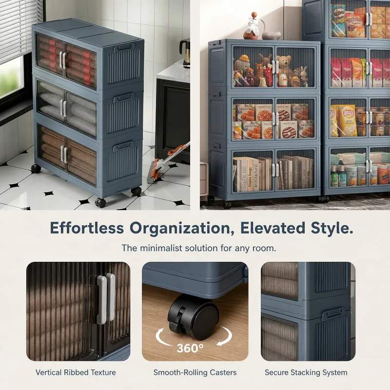 3‑Tier Foldable Plastic Storage Cabinet with Wheels, Stackable Dust‑Proof Storage Organizer with Flip‑Double‑Door, Portable Rolling Storage Bin for Bedroom, Closet, Living‑Room, Pantry view 6
