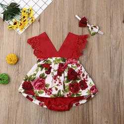 Neugeborenen Baby Mädchen Prinzessin Strampler Floral Print Ärmellose Baumwolle Spitze Overall Stirnband Sunsuit Baby Sommer Kleidung 0-24M