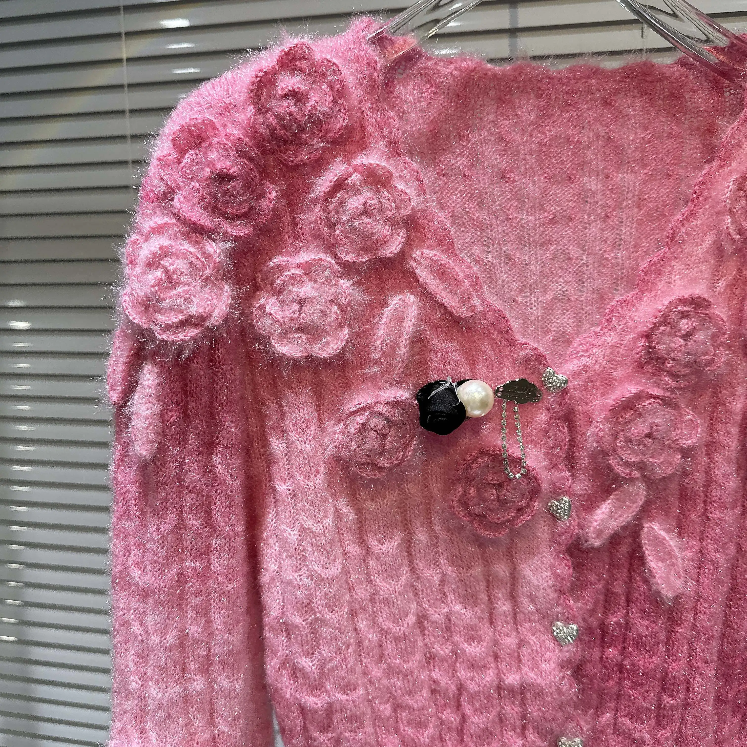 Musim semi musim gugur 3D bunga rajutan Cardigan rajutan berpengait bunga mantel Sweater Pink gradien rajut jumper atasan Crop Sueter