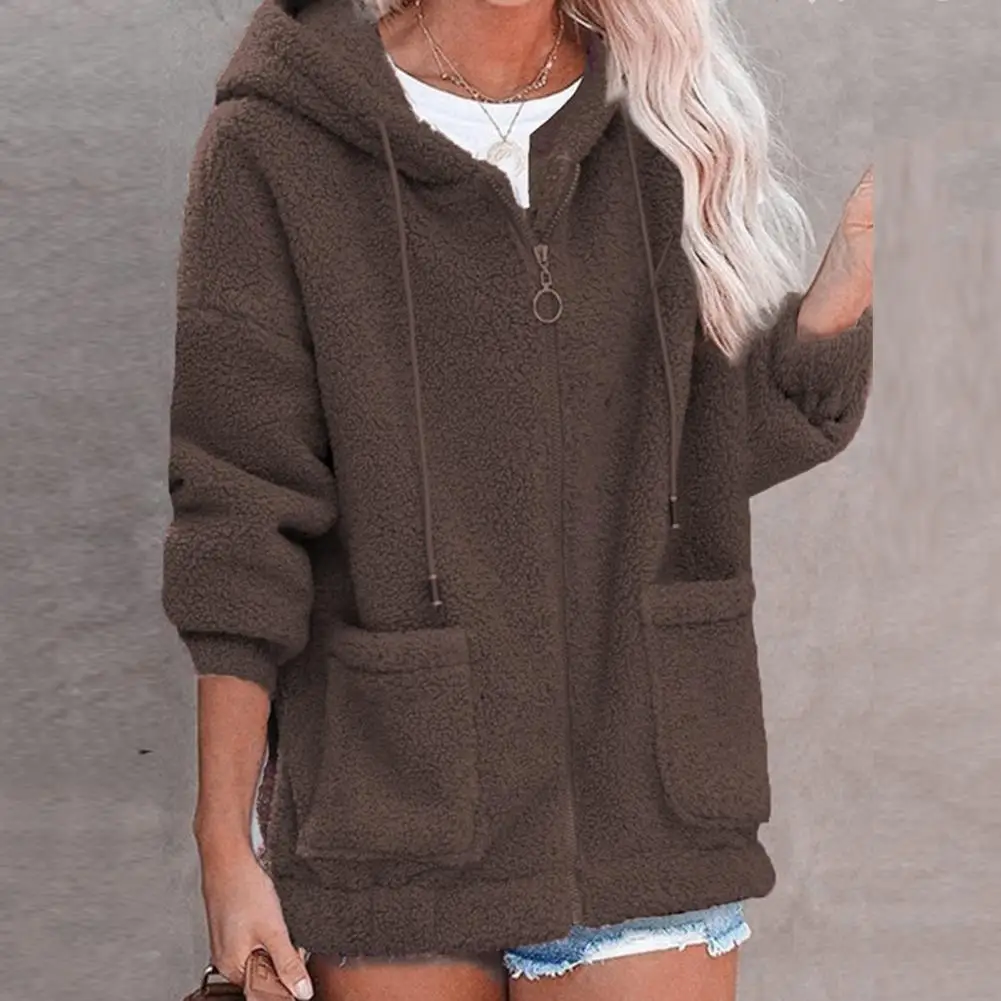 Women Plush Jacket Casual Loose 2023 Spring Warm Long Sleeve Bombers Hooded Jackets Fashion Plush Female Outwear Placket Coat