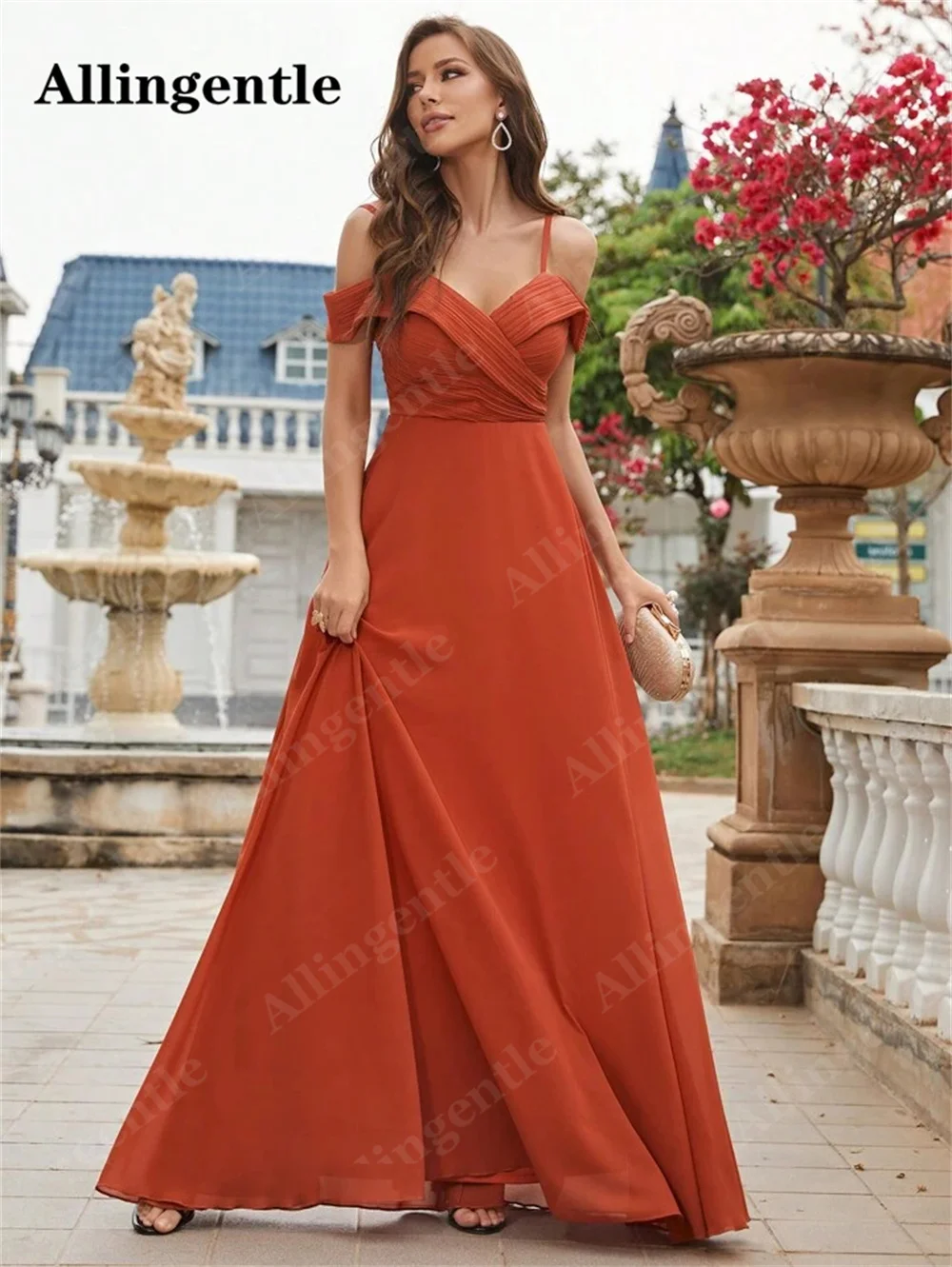 Allingentle Burnt Orange V-Neck Bridesmaid Dress Chiffon Spaghetti-Straps Cold Shoulder Ruched A-Line Floor Length Evening Gowns