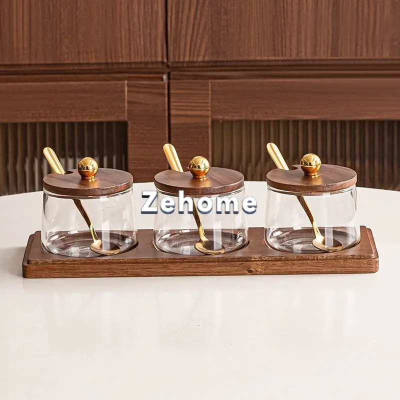 Solid wood vintage Japanese kitchen ceramic spice jar, spice box set, household three-piece salt jar, spice bottle tray