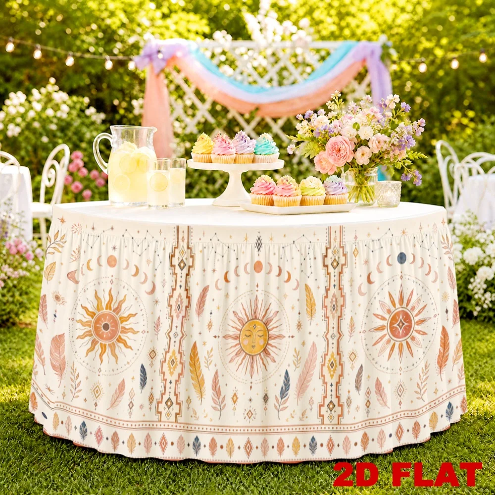 2D planar Bohemian style table skirt with feathers, featuring the sun and moon, for back-to-school season and weddings.One-piece