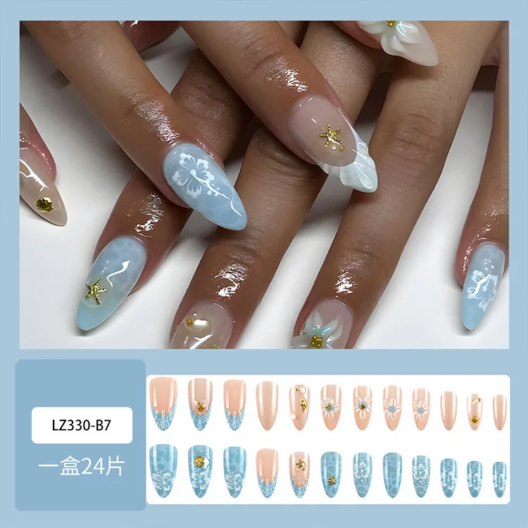 24Pcs Press On Nails Blue Nude Pink Gradient 3D Flower Star Shell Texture Long Stiletto Full Cover Fake Nails