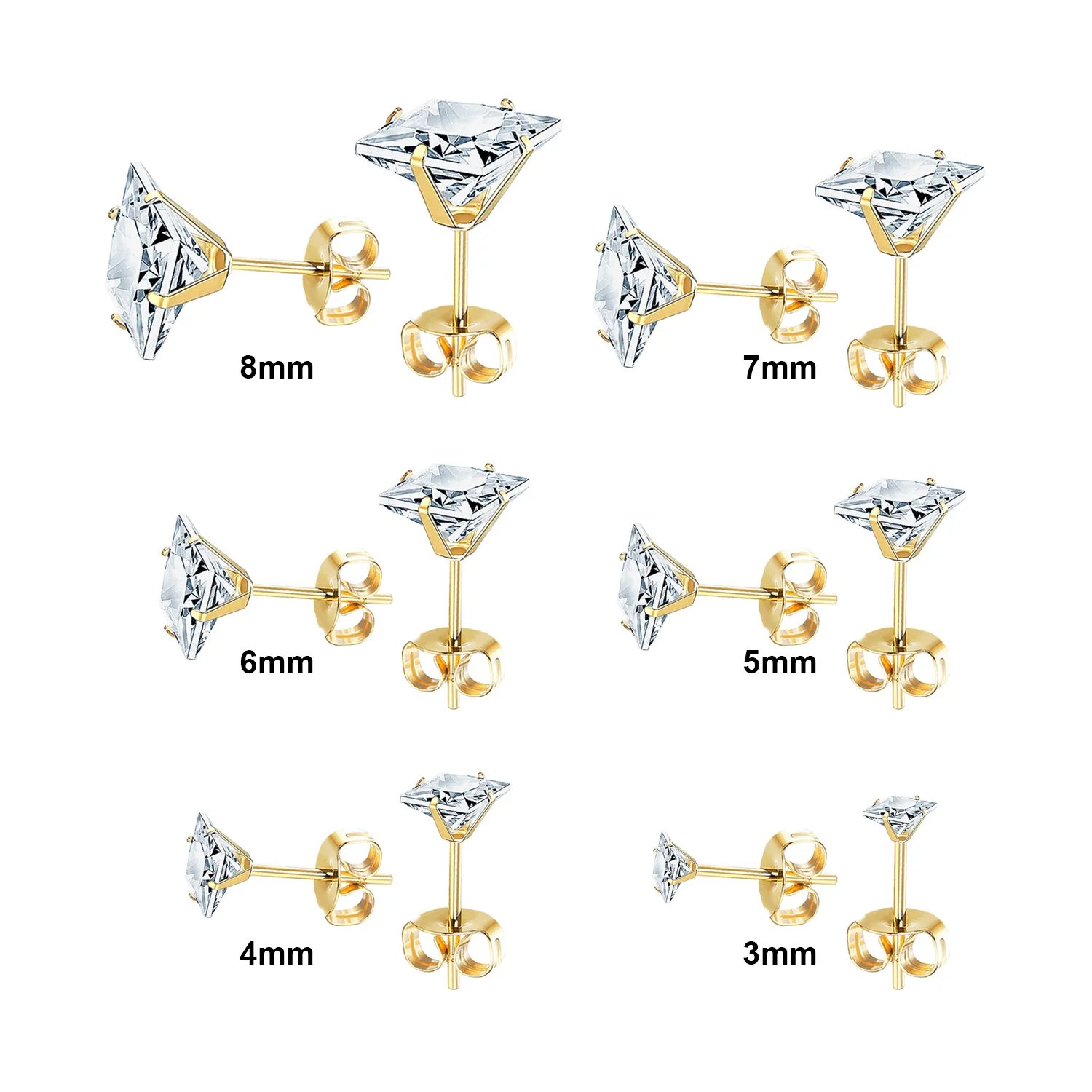 LUXUSTEEL 6Pairs Stainless Steel Earrings Sets For Women Men Square White Crystal Stud Earrings Brinco Party Bijoux