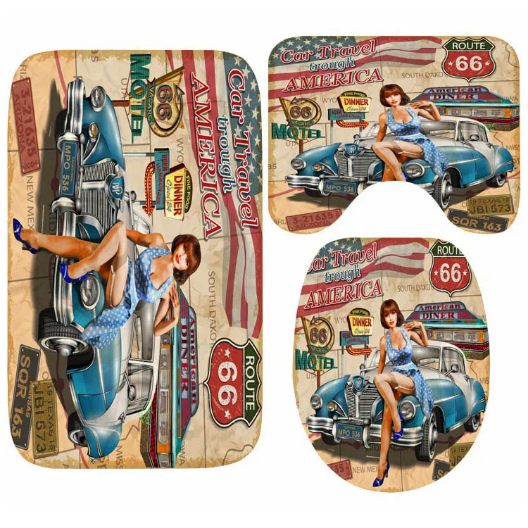 

Retro Vintage Route 66 Poster Bath Mat Set Route 66 Hot Girl Beauty Motel Toilet Mat for Bathroom Shower Floor Rug Carpet Garage