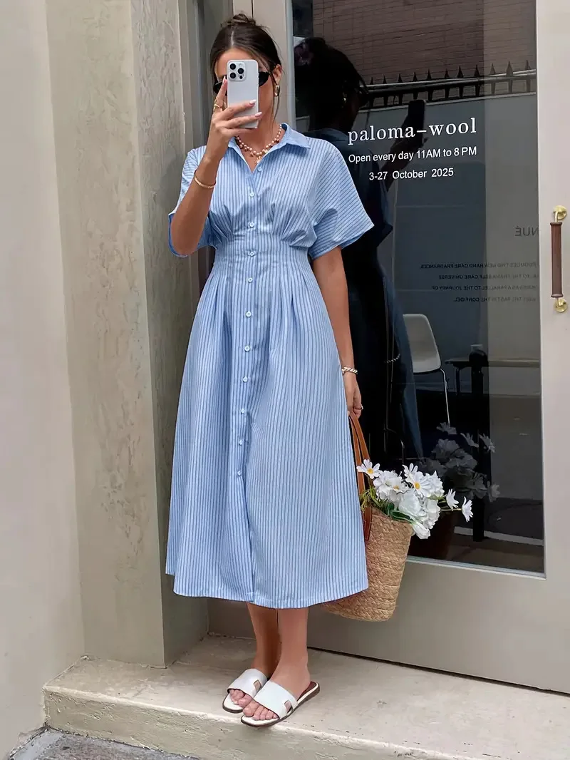 

Vestidos Vintage Print Short Sleeve Summer Beach Sweet Dresses Casual Lapel Stripes Shirt Long Dress Elegant Vacation Dress