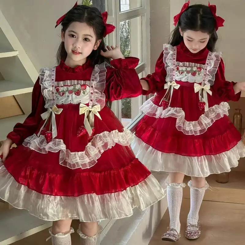 

Strawberry Decoration Girls Lolita Princess Dress Bow Party Dress Ruffled Tutu Skirt Fleece-Lined Layered Dress Ball Gown Gift