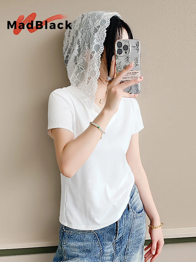 

MadBlack-Women's European T-Shirt, Sexy Hooded Lace Patchwork, Streetwear Short Sleeve Slim S-3XL Tee, 2025 Summer New T53030CC