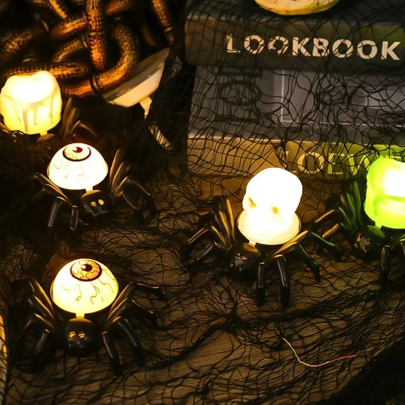 Ornement d'éclairage LED d'araignée d'Halloween, boule oculaire, lampe à bougie tête de mort, lueur dans le noir, décoration de fête, accessoires de maison hantée