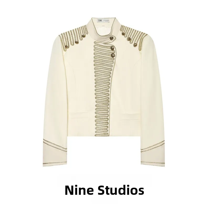 NINE ZAR Women's Short Jacket Knitted Rope Buckle Coat Standard Fit Long Sleeve Stand Collar Button Closure No Hat Summer 2026