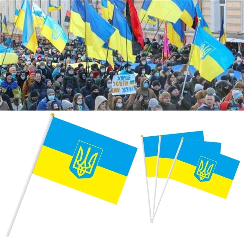 Hand Waving Flag   5pcs Ukraine Hand Wave Flag with Plastic Flagpoles Fade Resistant Emblem Flag Ukraine National Single Flag